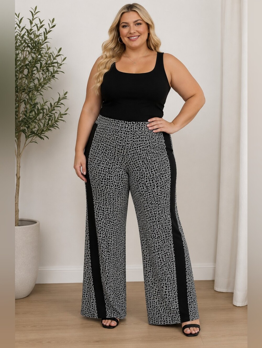 Elegant Black and White Geometric Women's Wide Leg Pallazo Pants